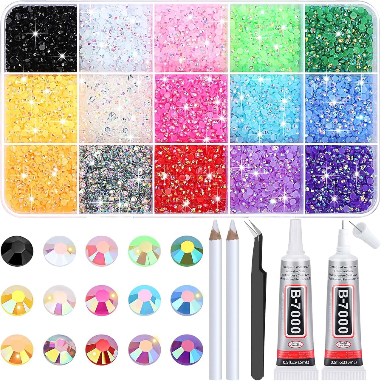 15000Pcs Flatback Craft Rhinestones with B-7000 Glue - Multicolor AB